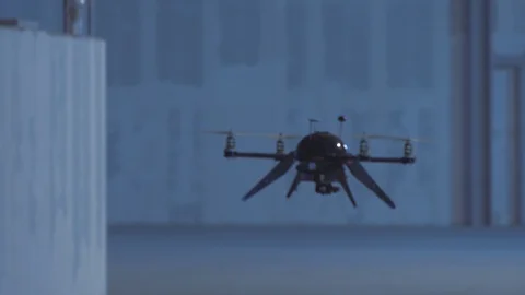 Futuristic sci-fi delivery drone flies inside giant warehouse v5 Stock Footage 106711289