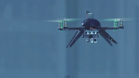 Futuristic sci-fi drone approaches inside industrial building Stock Footage 106711984