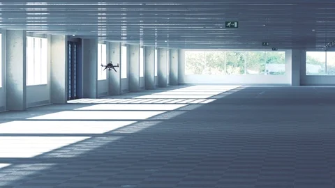 Futuristic sci-fi drone flies and scans huge empty office WIDE Stock Footage 106710443