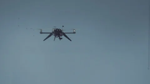 Futuristic sci-fi drone flies and scans huge empty warehouse CU pull focus Stock Footage 106710447