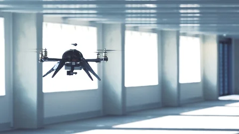 Futuristic sci-fi drone flies and scans huge empty office v3 Stock Footage 106710483