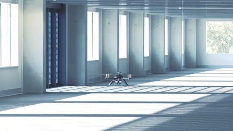 Futuristic sci-fi drone flies and scans huge empty office WIDE v2 Stock Footage 106710647