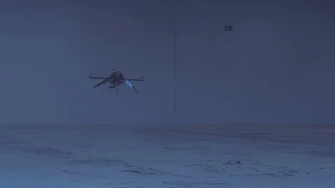 Futuristic sci-fi drone flies and scans huge empty warehouse - lights flicker v2 Stock Footage 106710717