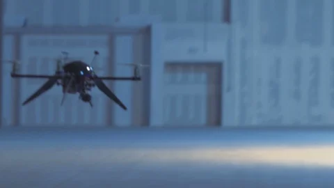 Futuristic sci-fi drone flies and scans huge empty building Stock Footage 106711458