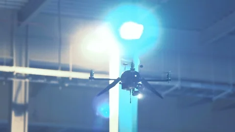 Futuristic sci-fi drone flies and scans huge empty industrial building Stock Footage 106711529