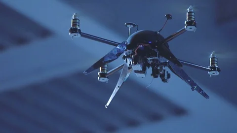 Futuristic sci-fi drone rises up inside industrial factory Stock Footage 106711746
