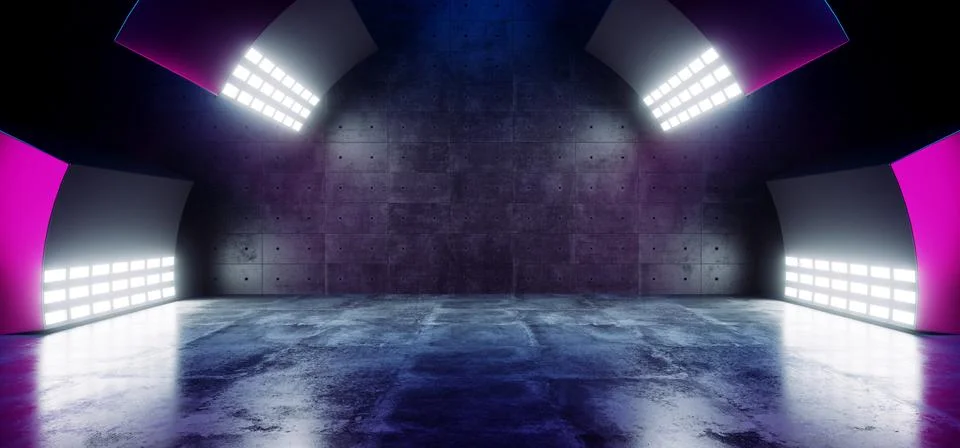 Futuristic Sci Fi Empty Big Hall Tunnel Scene Stage Neon Glowing Blue Purple  Stock Illustration