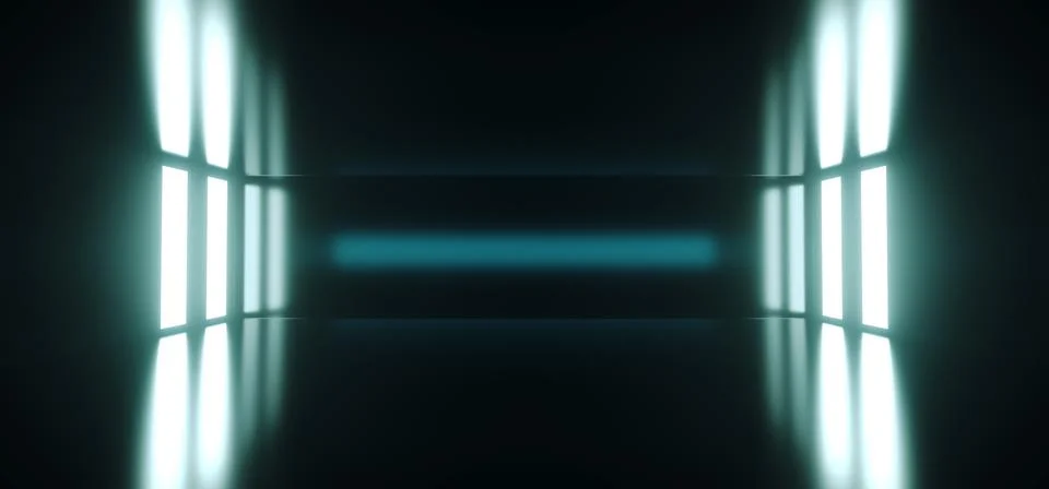Futuristic Sci Fi Empty Dark Room With Reflection And Glowing Lights On The S Stock Illustration