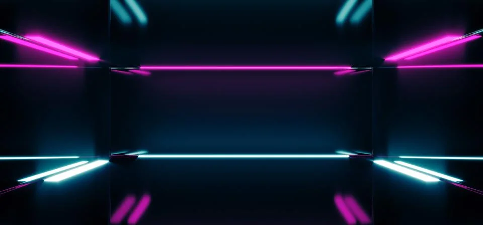 Futuristic Sci-FI Empty Dark Reflective Modern Stage Room With Blue And Purpl Stock Illustration