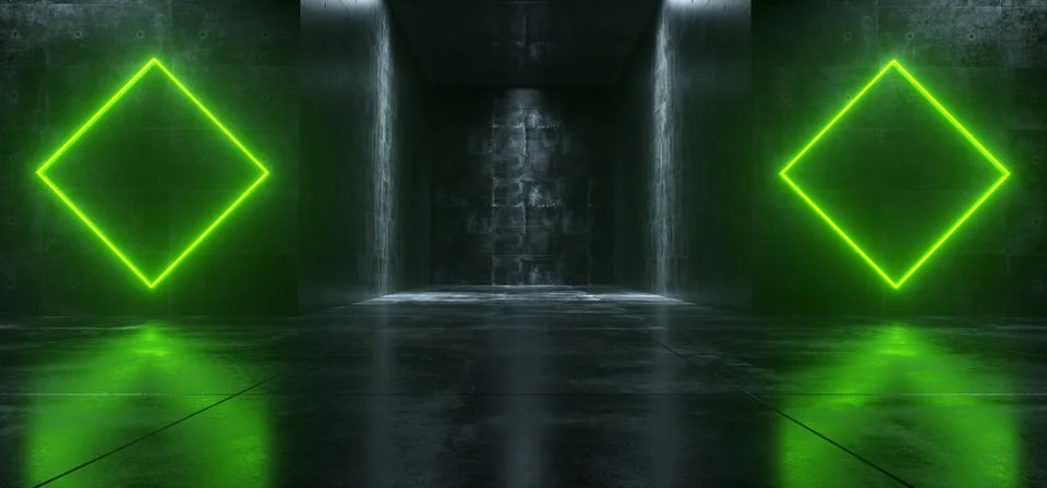 Futuristic Sci-Fi Empty Lighted Dark Grunge Concrete Room With Rectangle Gree イラスト素材