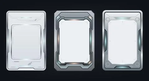 Futuristic sci fi game card templates sleek metallic borders, tech UI eleme.. Stock Illustration