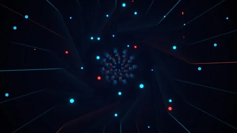 Futuristic Sci-Fi Geometric Tunnel Vortex with Cyan and Red Particles Видео 347777323