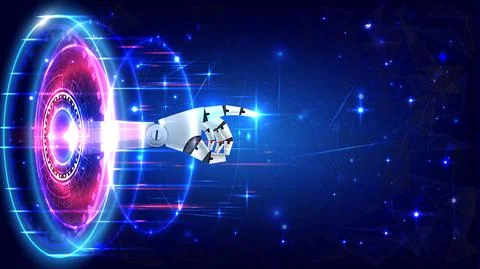 Futuristic Sci-Fi glowing HUD circle element and a hand of robot. Abstract hi Stock Illustration