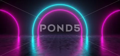 Futuristic Sci Fi Glowing Neon Shapes Blue And Purple Colored In Dark Room Wi Stock Illustration