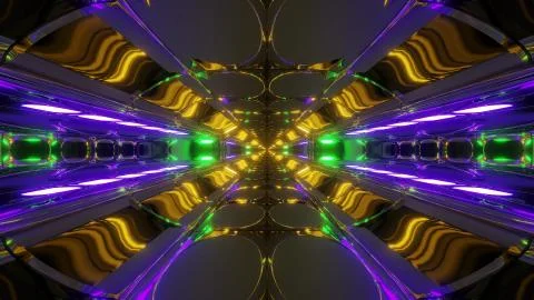 Futuristic sci-fi hangar tunnel corridor with electric reflection 3d Illustrazione stock