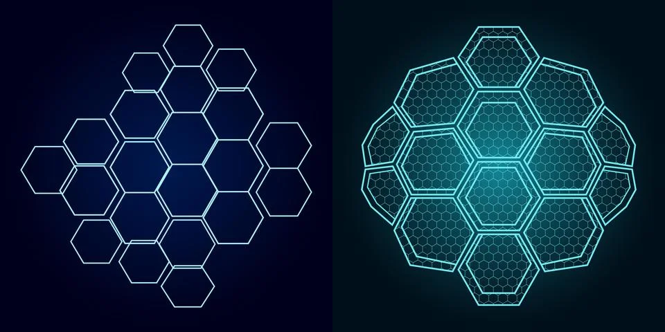 Futuristic Sci-Fi Hexagonal HUD Grid and Shield Vector Set Stock Illustration