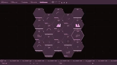 Futuristic sci fi hexagonal interface display with tactical system data and Stock Footage 334636297