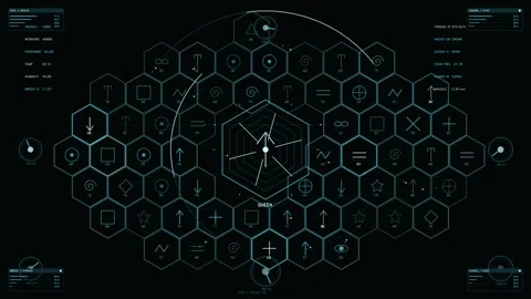 Futuristic Sci-Fi Hive Management Interface HUD with Hexagonal Data Grid an.. Stock Footage 334101736