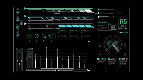 Futuristic Sci Fi HUD Amplifier Control Dashboard with rotating radar Video stock 339770593