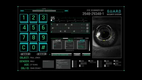 Futuristic Sci Fi HUD Biometric Eye Scanner Interface with Iris Recognition Stock Footage 340325653