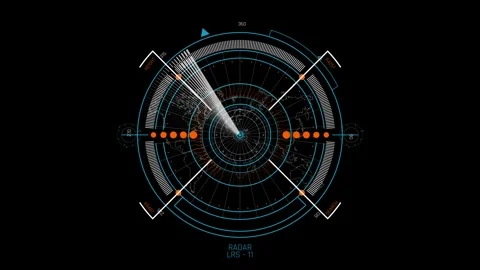 Futuristic Sci Fi HUD Circular Long Range Radar Scanner with World Map Stock Footage 340325086