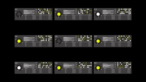 Futuristic Sci Fi HUD Dashboard with Nine Panels of Circular Data Gauges Vídeos de archivo 339670414