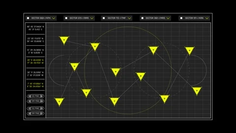 Futuristic Sci Fi HUD GPS Tracking Map with Triangulation Sector Nodes Video stock 339770552