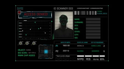 Futuristic Sci Fi HUD ID Scanner Interface with Facial Recognition Scan Video stock 340325651