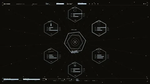 Futuristic sci-fi HUD interface with hexagonal data readouts and technical .. Stock Footage 334113369