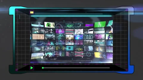 Futuristic sci-fi HUD media player user interface with digital video gallery Video stock 340190915