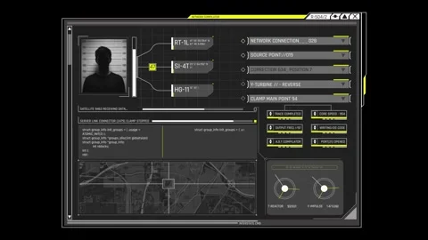 Futuristic Sci Fi HUD OS Window with Satellite Map Biometric Profile Stock Footage 340323537