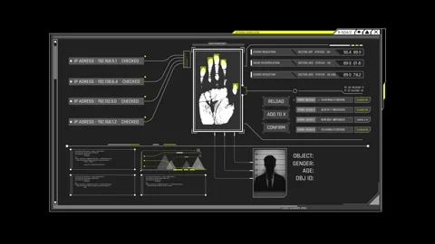 Futuristic Sci Fi HUD OS Window Palm Print Biometric Scanner Stock Footage 340323540