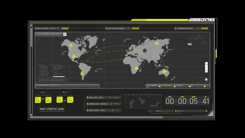 Futuristic Sci Fi HUD OS Window World Map Surveillance and Global Proxy Tracking Stock Footage 340323547