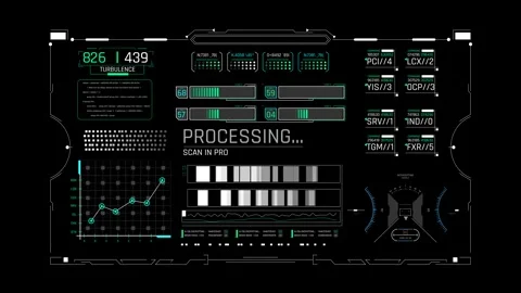 Futuristic Sci Fi HUD Processing Dashboard with turbulence graph Stock Footage 339770595