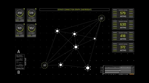 Futuristic Sci Fi HUD Server Connection Graph with Hexagon Network Nodes Stock Footage 339770558