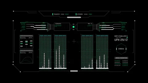Futuristic Sci Fi HUD Stabilizer Dashboard to monitor server network data Stock Footage 339770599