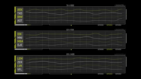 Futuristic Sci Fi HUD Triple Oscilloscope Waveform Display on Black Background Stock Footage 339770549