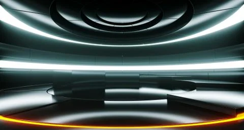 Futuristic Sci-Fi Interior Round Dark Light Glowing Spaceship Interior With B Ilustración de archivo