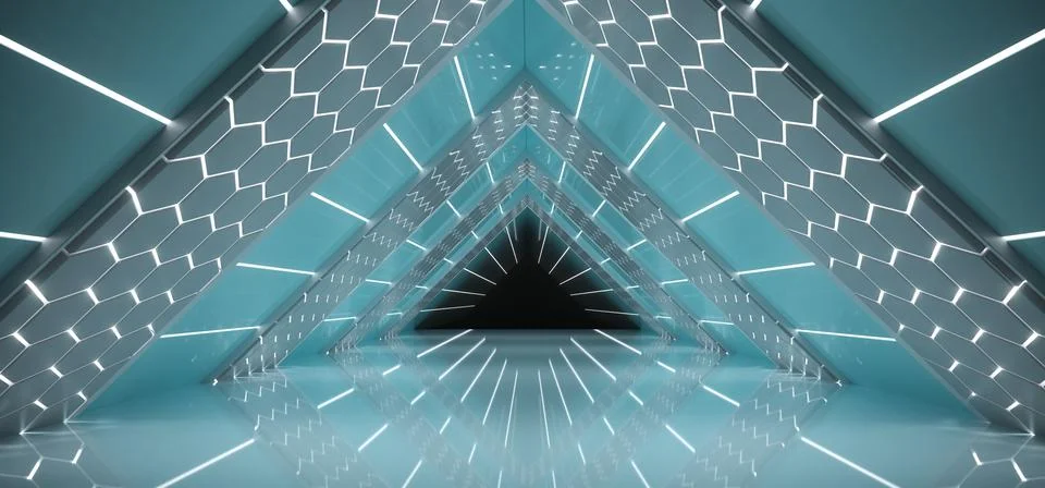 Futuristic Sci-Fi Interior Ship Empty Triangle Shaped Multiple Lighted Corrid Illustration