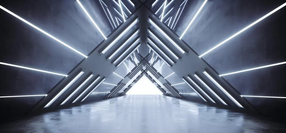 Futuristic Sci-Fi Interior Ship Empty Triangle Shaped Multiple Lighted Corrid Illustration