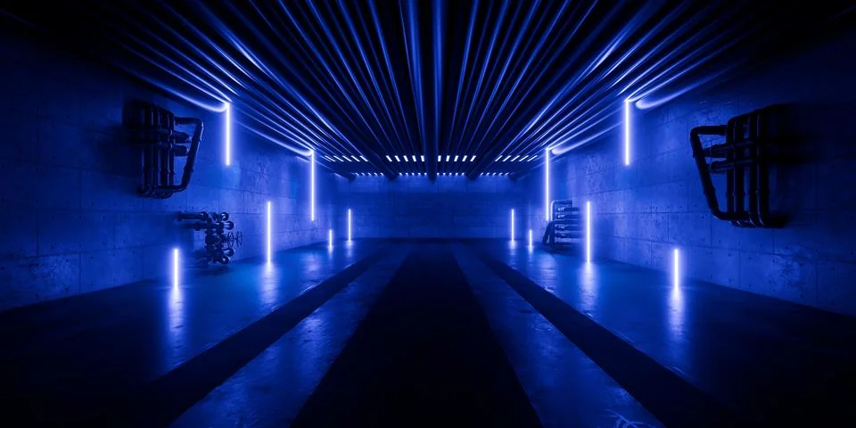 Futuristic Sci Fi Laser Corridor With Industrial Concrete Walls Glowing Neo.. Stock Illustration