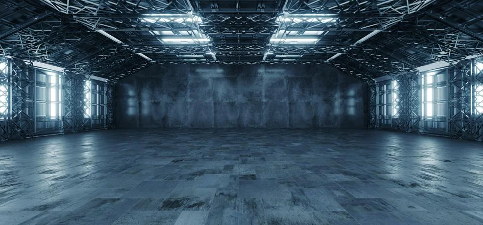 Futuristic Sci Fi Massive Warehouse Hangar Concrete Metal Structure Alien T.. Stockillustratie