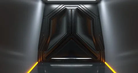 Futuristic Sci-Fi Metal Spaceship Gate In Dark Tunnel With Abstract Neon Ligh 스톡 일러스트