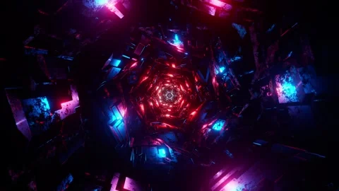 Futuristic Sci-Fi Metallic Tunnel Loop with Red and Blue Neon Lights. Looped 3D Stock Footage 341315614