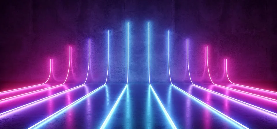 Futuristic Sci-Fi Modern Empty Stage Reflective Concrete Room With Purple And Stock Illustration