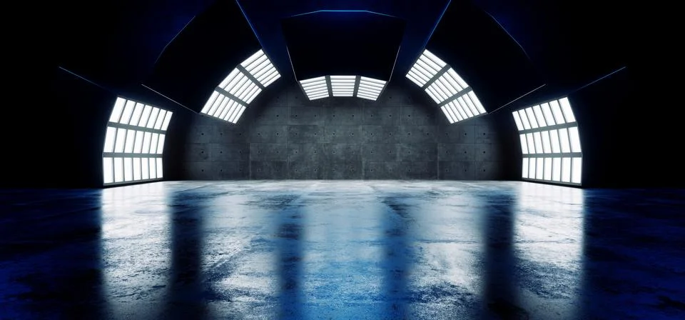 Futuristic Sci Fi Modern Empty Big Hall Dark Grunge Reflective Concrete Curve Stock Illustration