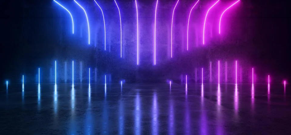 Futuristic Sci-Fi Modern Empty Stage Reflective Concrete Room With Purple Blu Stock Illustration