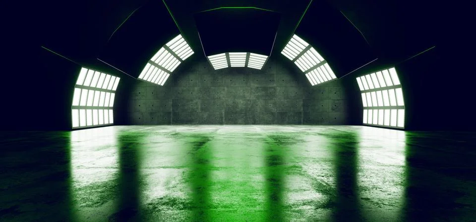 Futuristic Sci Fi Modern Empty Big Hall Dark Grunge Reflective Concrete Curve Stock Illustration
