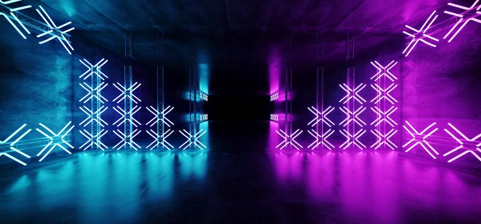 Futuristic Sci Fi Modern Retro Neon Glowing Cross Shaped Blue And Purple Ligh Stock Illustration