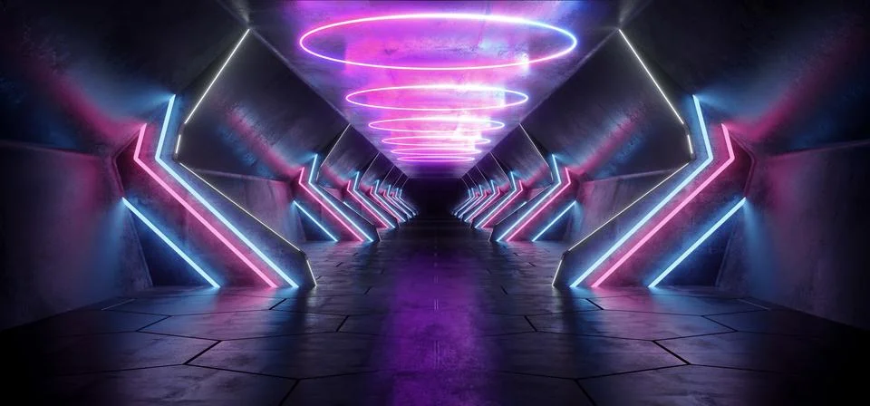Futuristic Sci Fi Modern Spaceship Neon Glowing Purple Blue Stage Tunnel Corr Illustrazione stock
